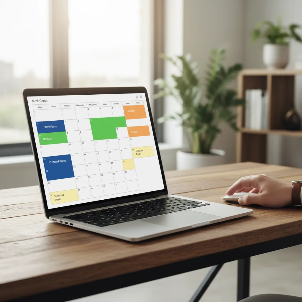 Calendario digitale che mostra blocchi di tempo per lavoro focalizzato e pause.