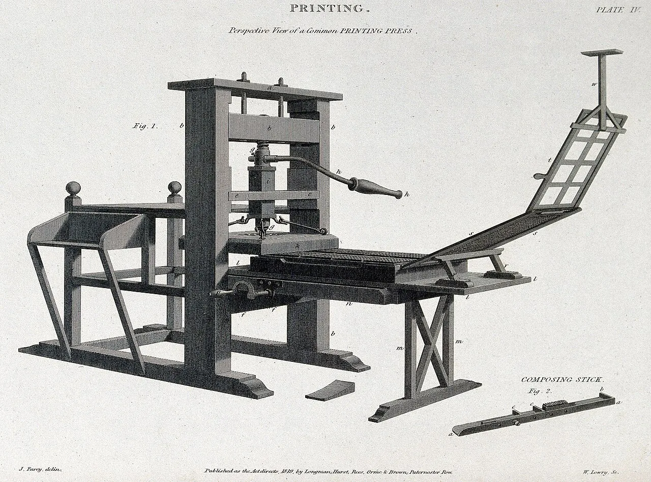 Printing: a three-quarter view of a press. Engraving by W Lowry after J Farey, 1819. Created 1819...