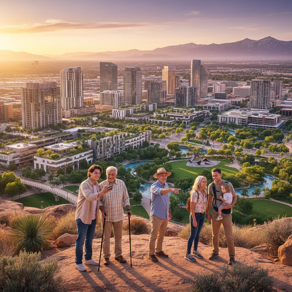 Diversas generaciones y familias migrantes buscando nuevos hogares en ciudades vibrantes.