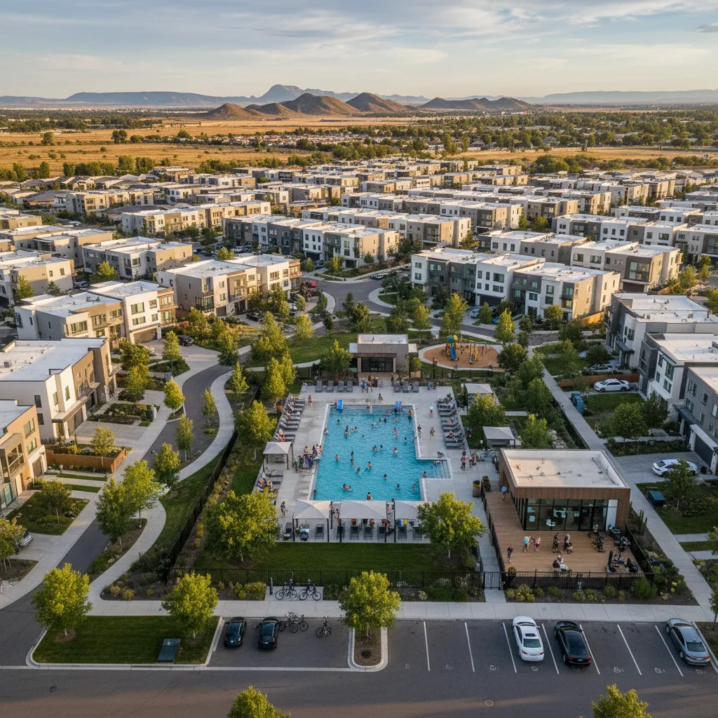 Comunidad moderna de viviendas de alquiler construidas a medida con diversas opciones de vivienda y servicios.