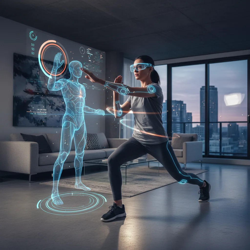 Persona con occhiali MR e tuta aptica che si allena in un ambiente virtuale.