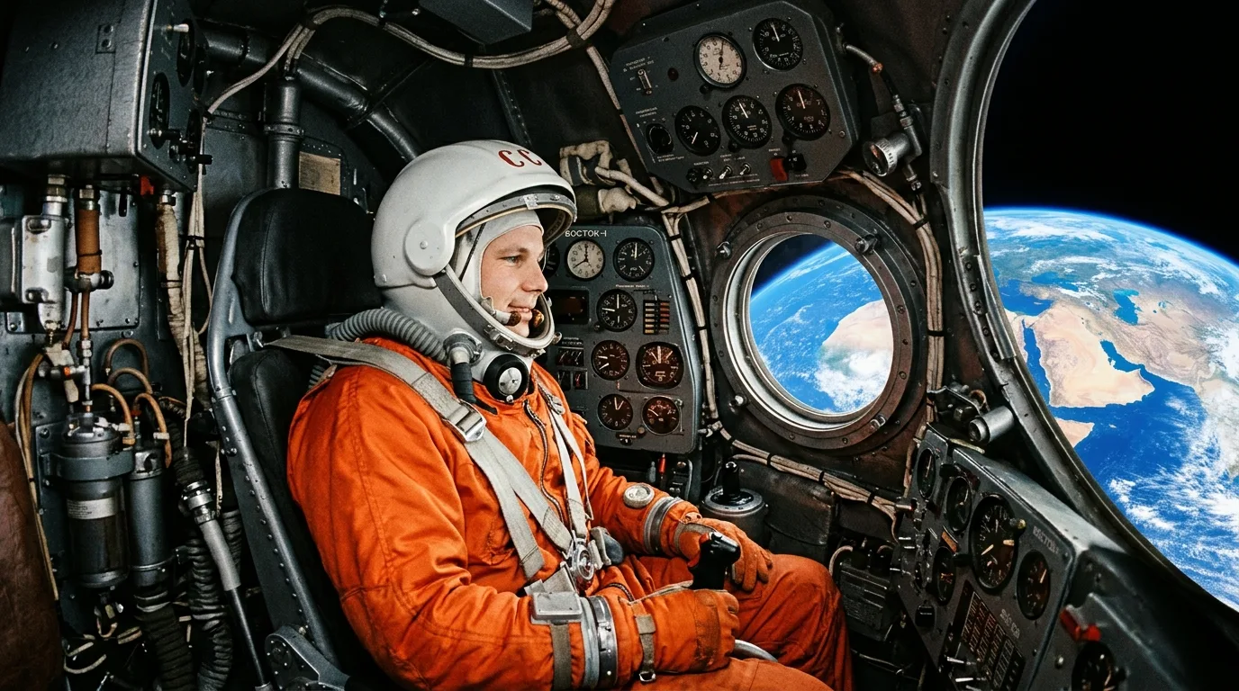Yuri Gagarin in Vostok 1 capsule, orbiting Earth.