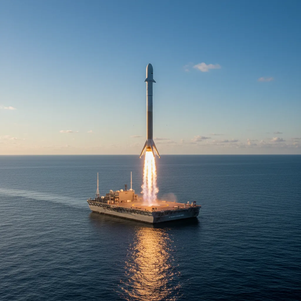 SpaceX Falcon 9 rocket booster landing vertically on drone ship.