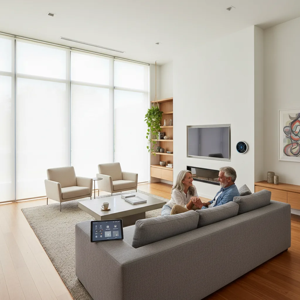 Smart home interior with integrated 5G technology for seamless living.