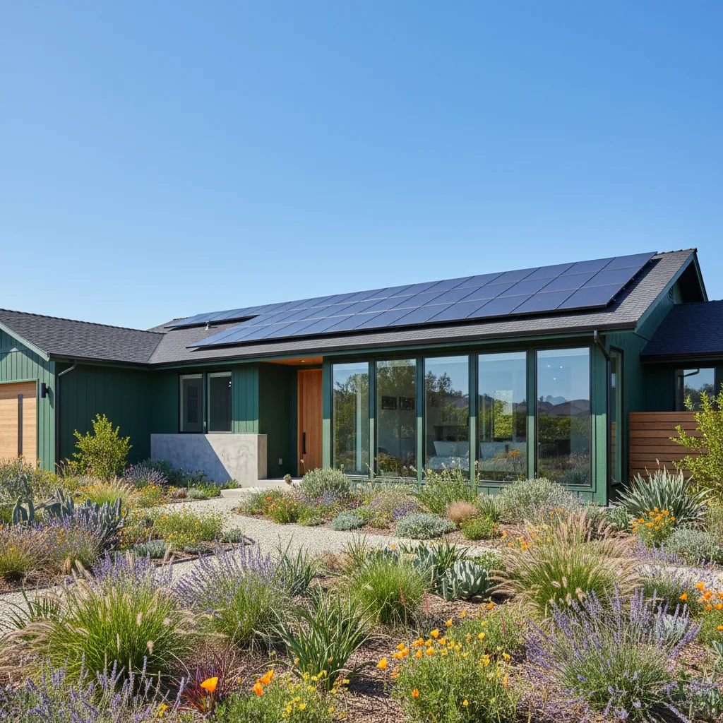 Modern green home with solar panels and lush sustainable landscaping.
