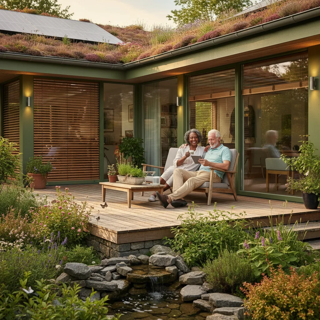 Happy retirees enjoying a smart, green home with integrated technology.