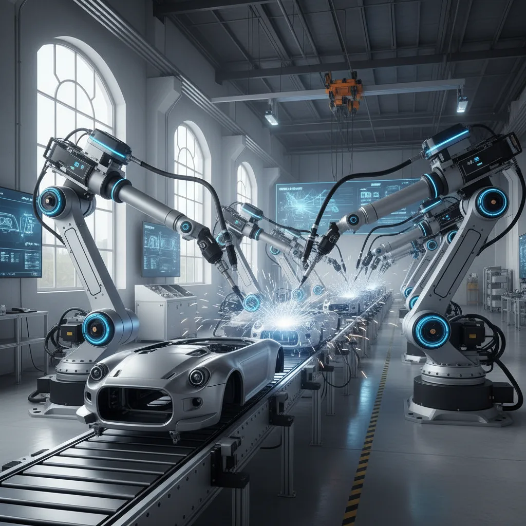 Robots performing complex tasks in a modern factory, reducing manual labor.