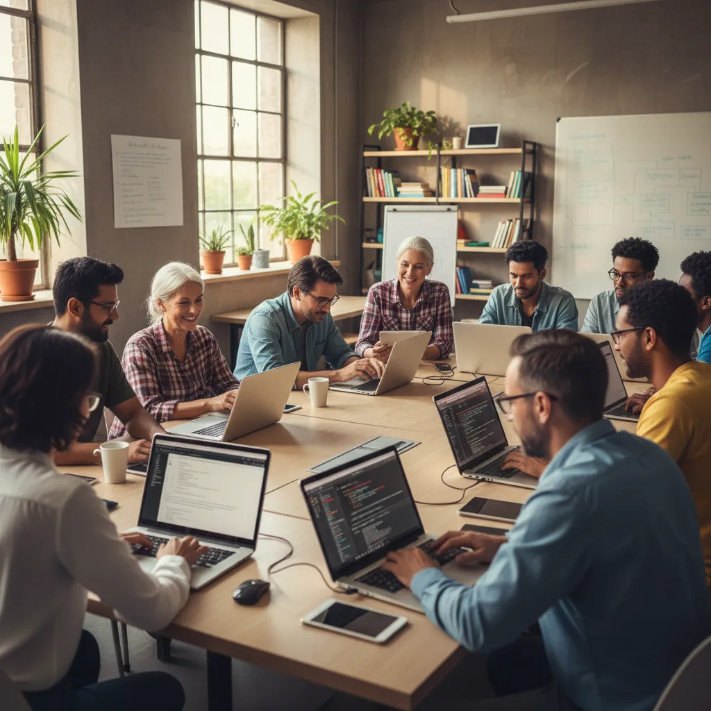 Diverse adults learning new digital skills in a modern classroom.