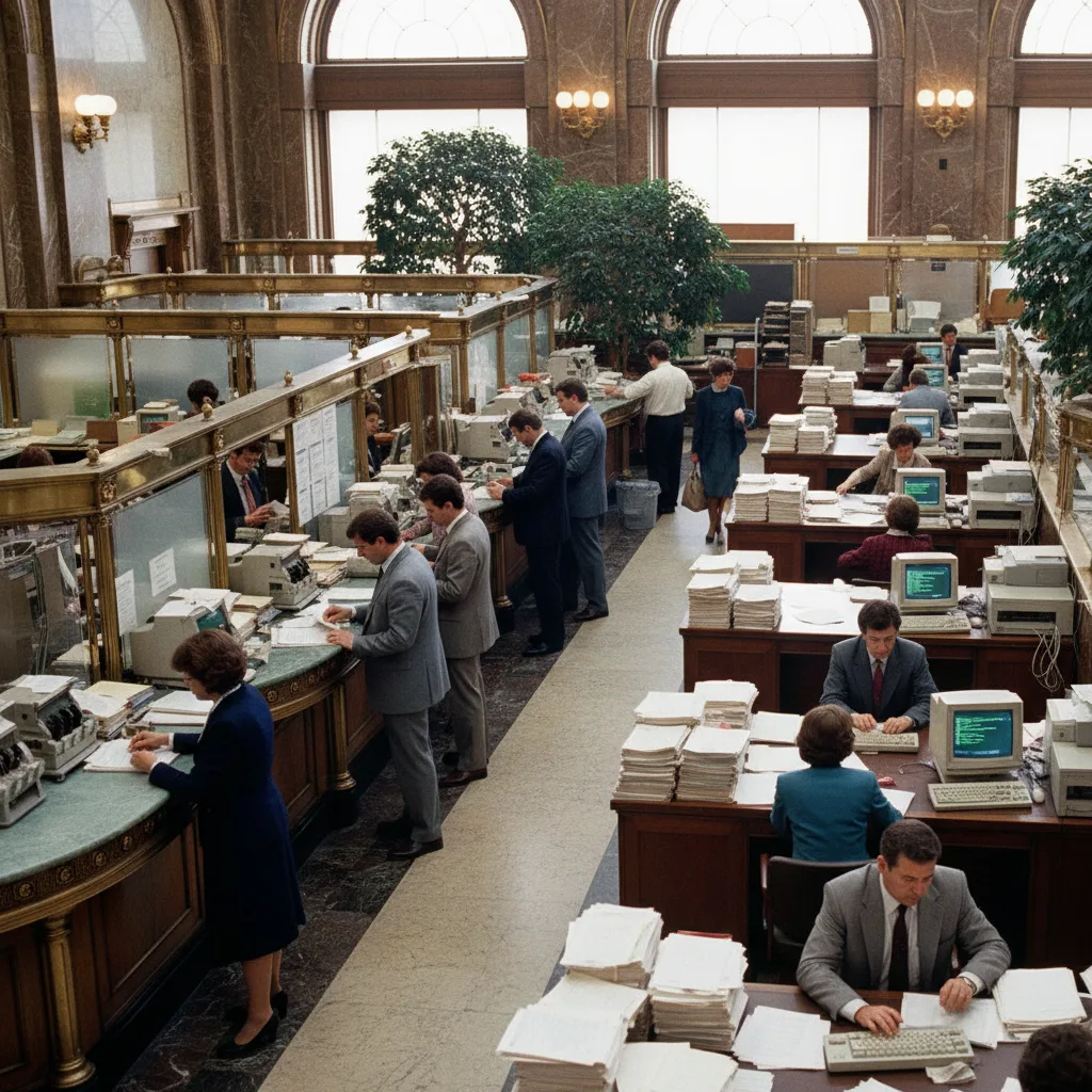 Classic bustling bank branch with tellers, loan officers, and back-office staff.