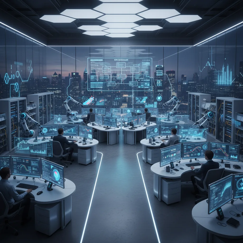 Automated banking back office with RPA bots and human oversight.