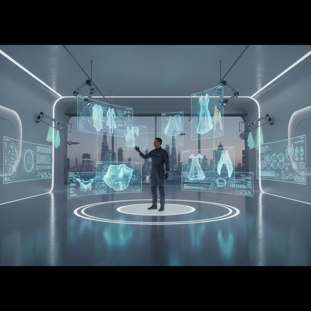 Studio di design di moda basato sull'IA con proiezioni olografiche.