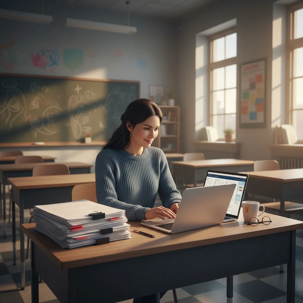 Teacher efficiently grading assignments using AI on a laptop.