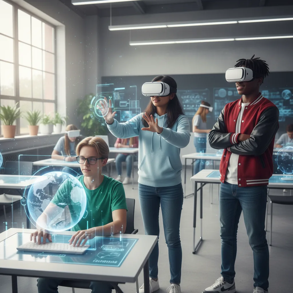 Students engaged in a VR/AR learning simulation in a classroom.