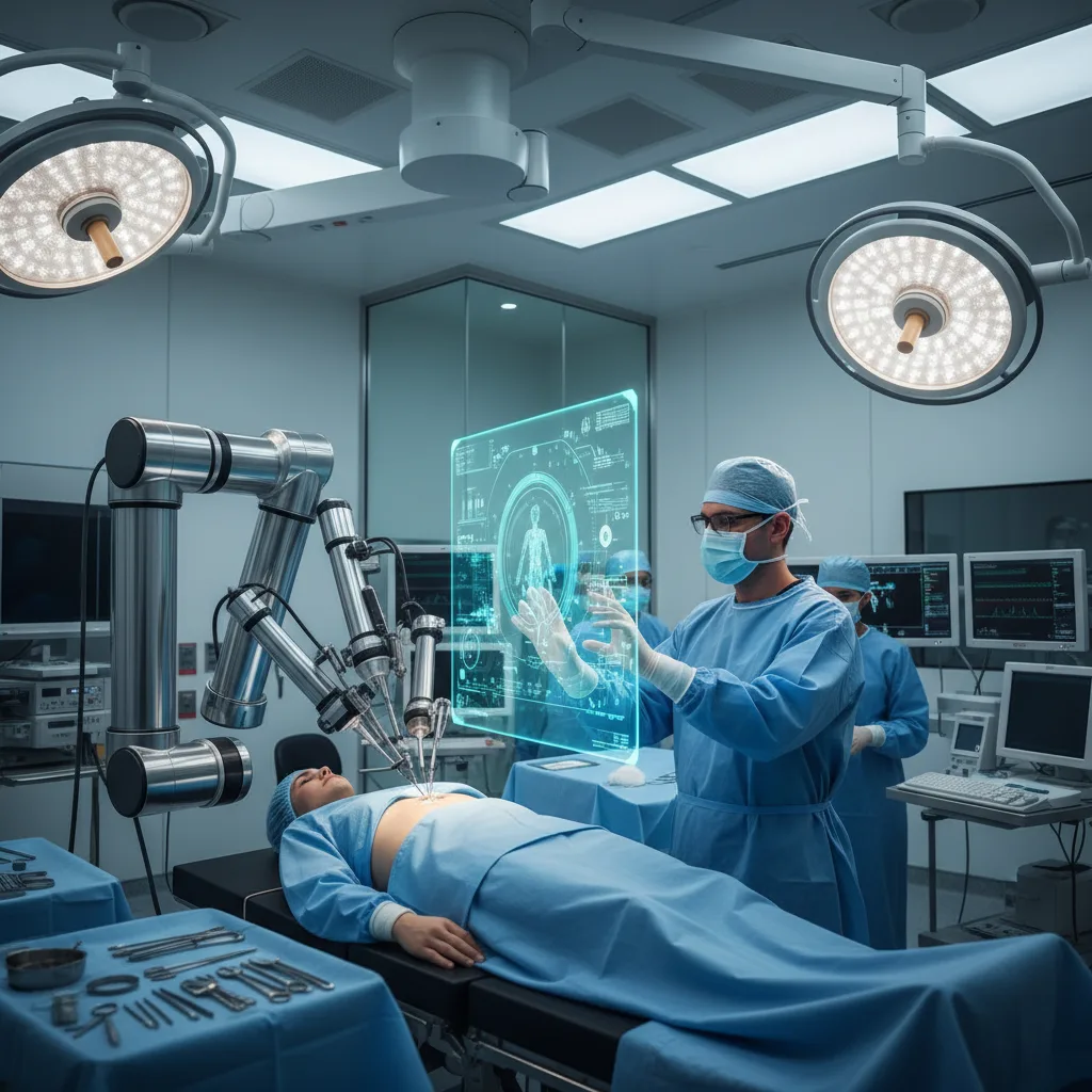 Robot quirúrgico impulsado por IA asistiendo a un cirujano humano con precisión.