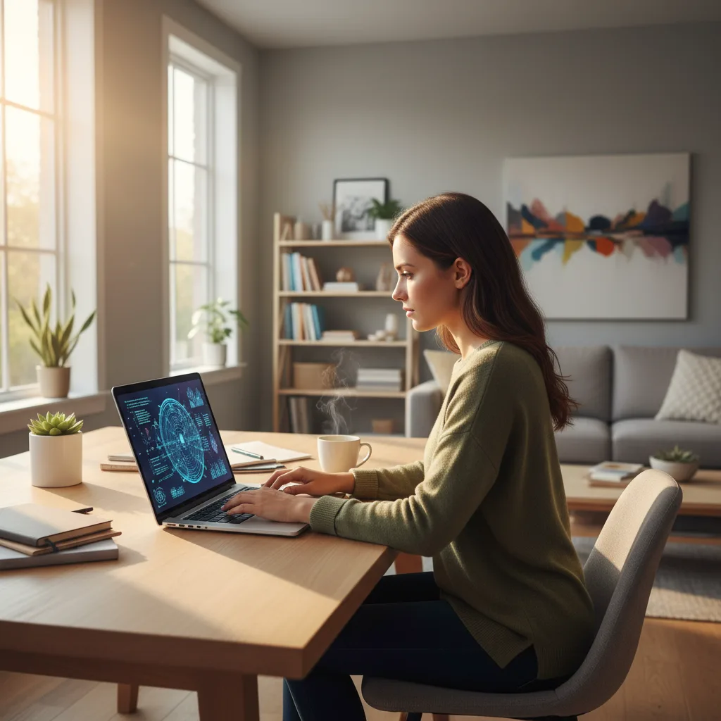 Entrepreneur using laptop for AI cloud side hustle.