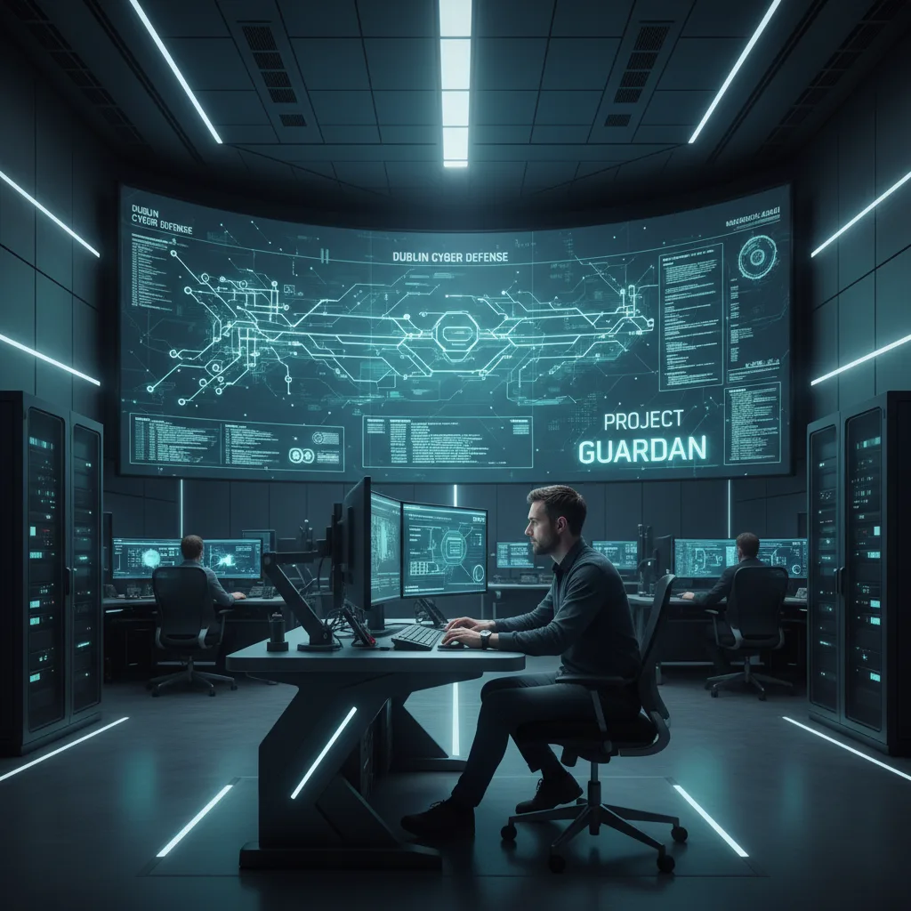 Lead analyst Liam O'Connell in a modern Dublin Security Operations Center.