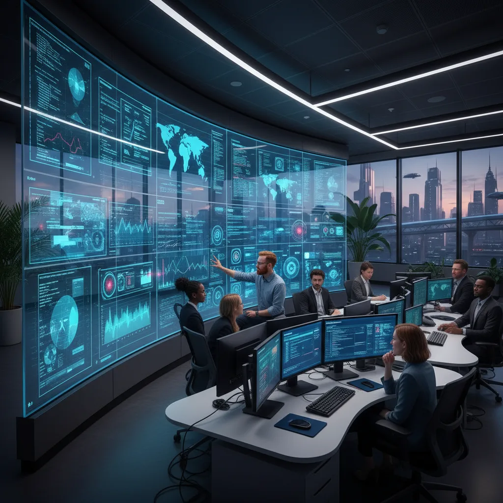 Cybersecurity analyst overseeing AI decisions in a modern control room.