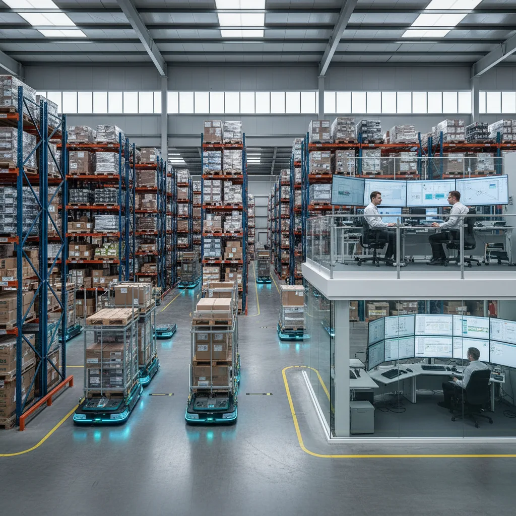 AI-driven robots manage inventory in a modern warehouse.