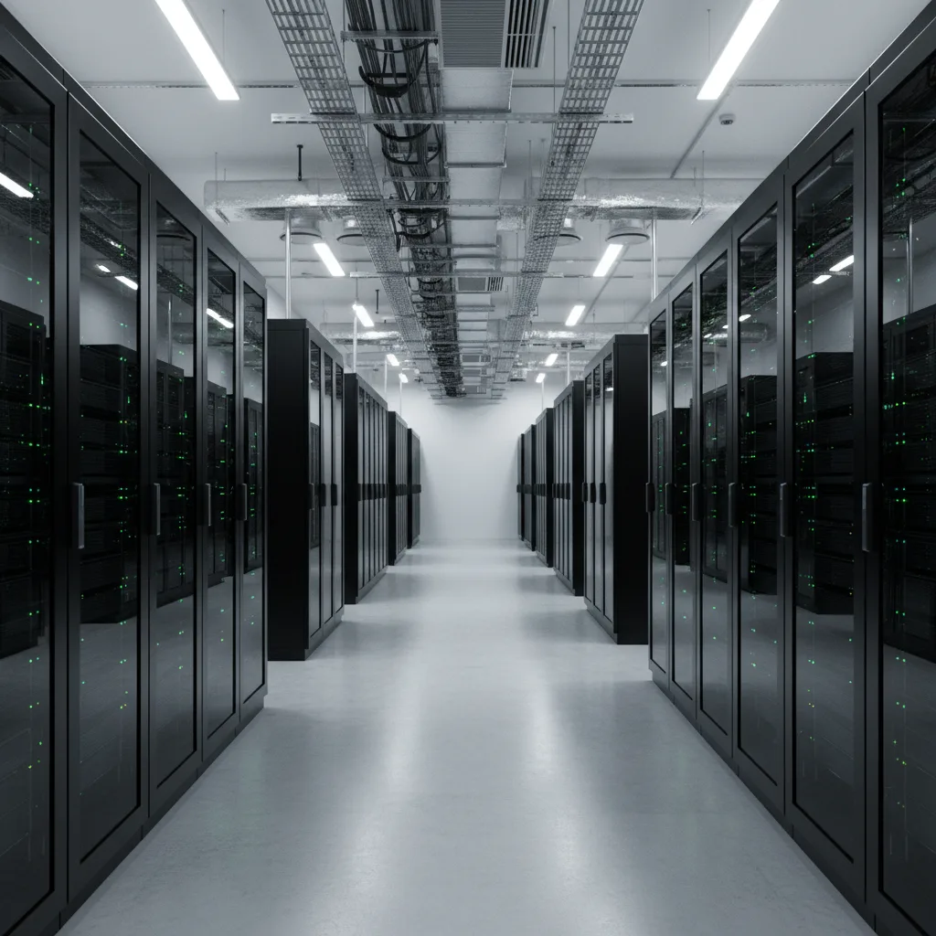 Modern data center, glowing servers, representing AI's computational power.