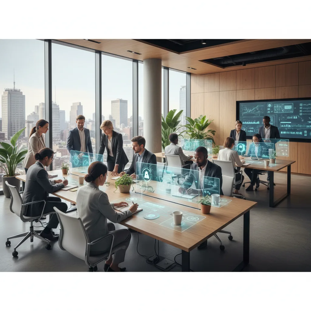 Diverse professionals collaborating with AI in a modern, bright office.