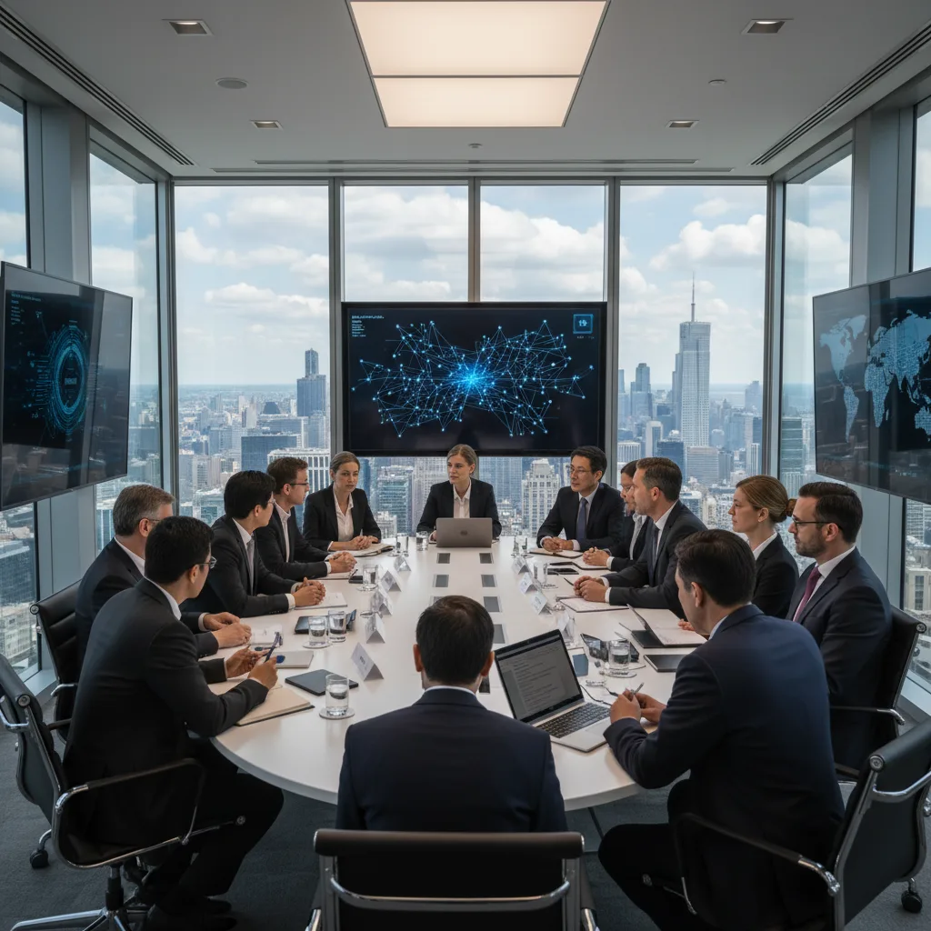 Global leaders in a modern conference room discussing AI ethics.