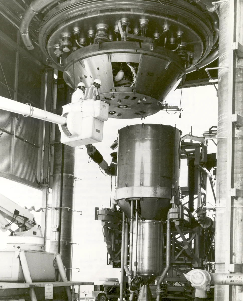 The NERVA XE engine, seen here during ground tests in the 1960s, was a nuclear thermal rocket design