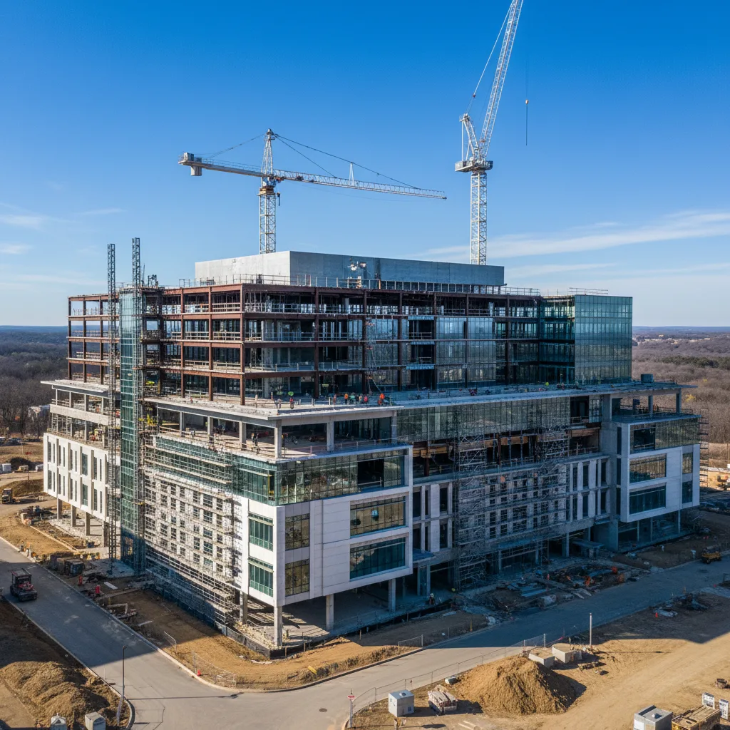 Modern medical school facility under construction in Bentonville, Arkansas.