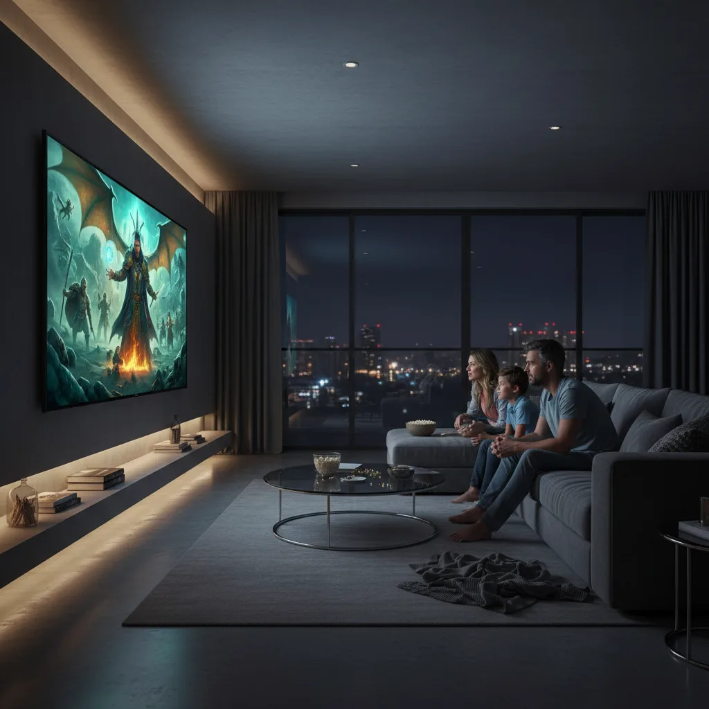 Family captivated by a vibrant 4K Ultra HD movie on TV.