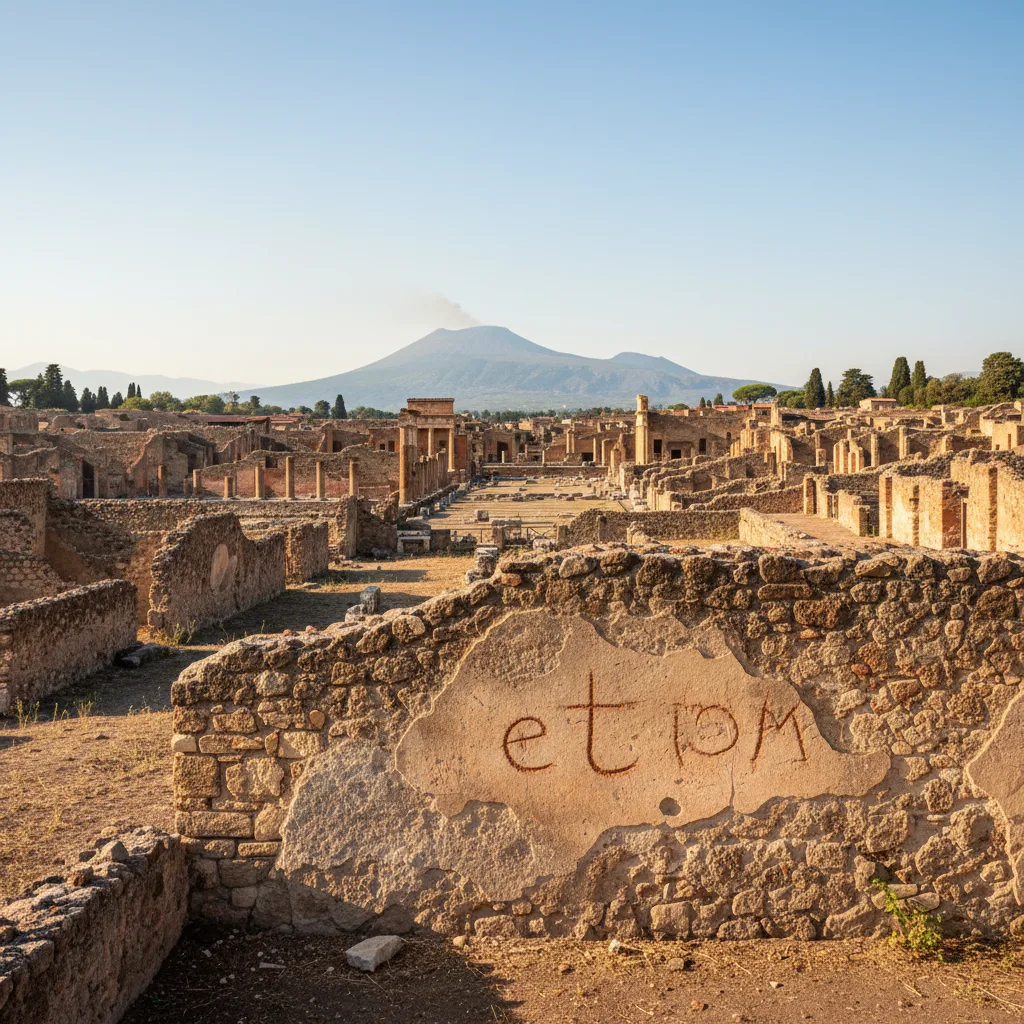 Ancient Roman graffiti showing early ampersand on sun-baked wall.