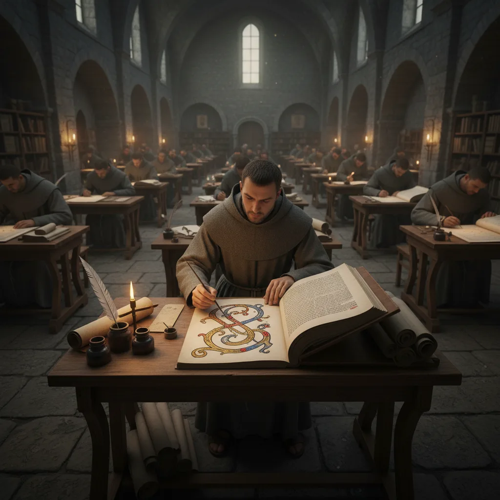 Medieval scribe meticulously illustrating an ampersand in a monastic scriptorium.