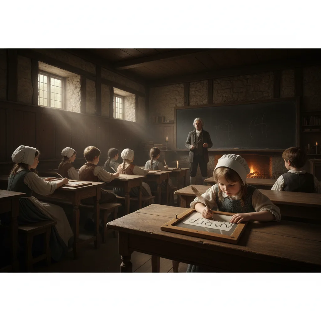 Child in a dimly lit classroom tracing letters on a hornbook.