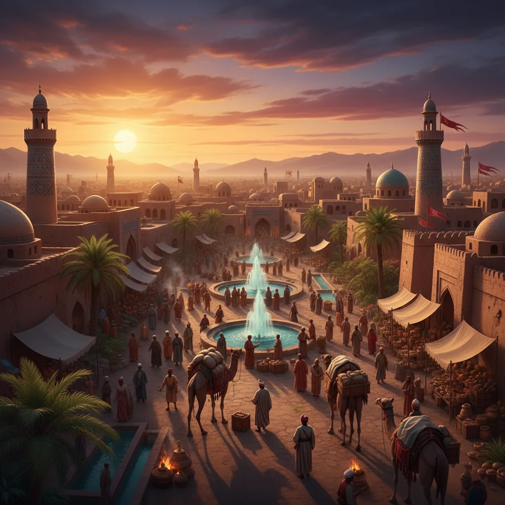 Bustling ancient Silk Road oasis city, diverse merchants, camel caravans.