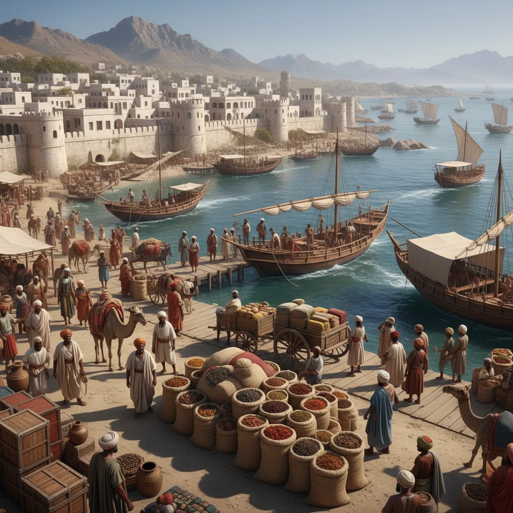 Ancient Indian Ocean port, dhows, junks, spices, bustling trade.