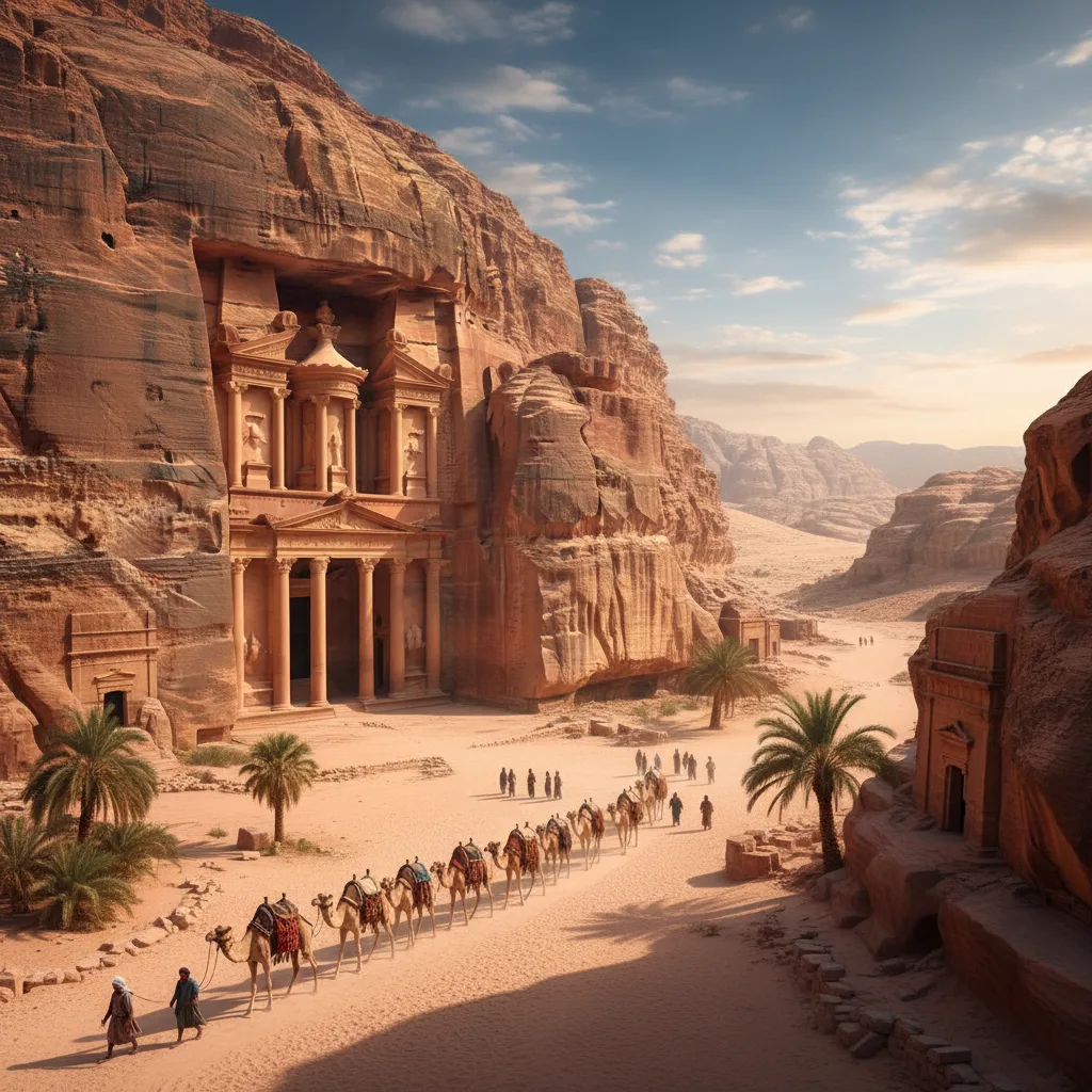 Ancient Petra, Nabataean city, camel caravan, rose-red sandstone.