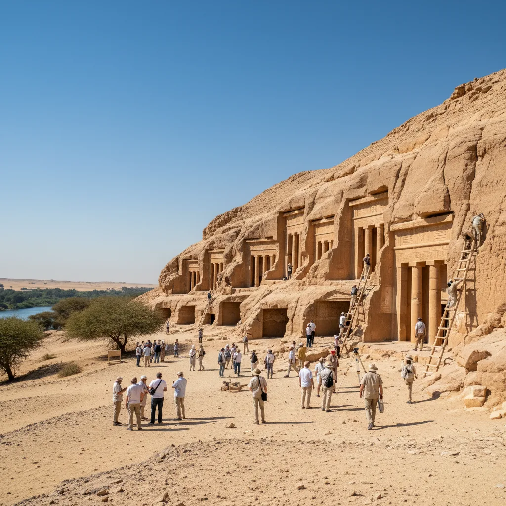 Ancient rock-cut tombs, enduring Middle Kingdom legacy.