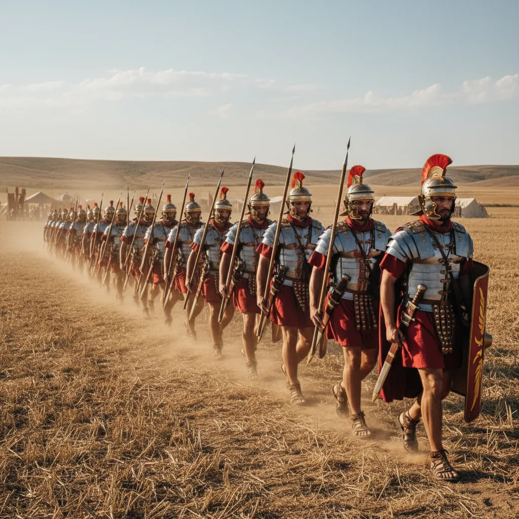 Roman legionary reenactors marching in formation.