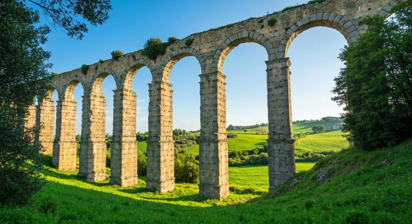Ancient Roman aqueduct ruins in a modern landscape.