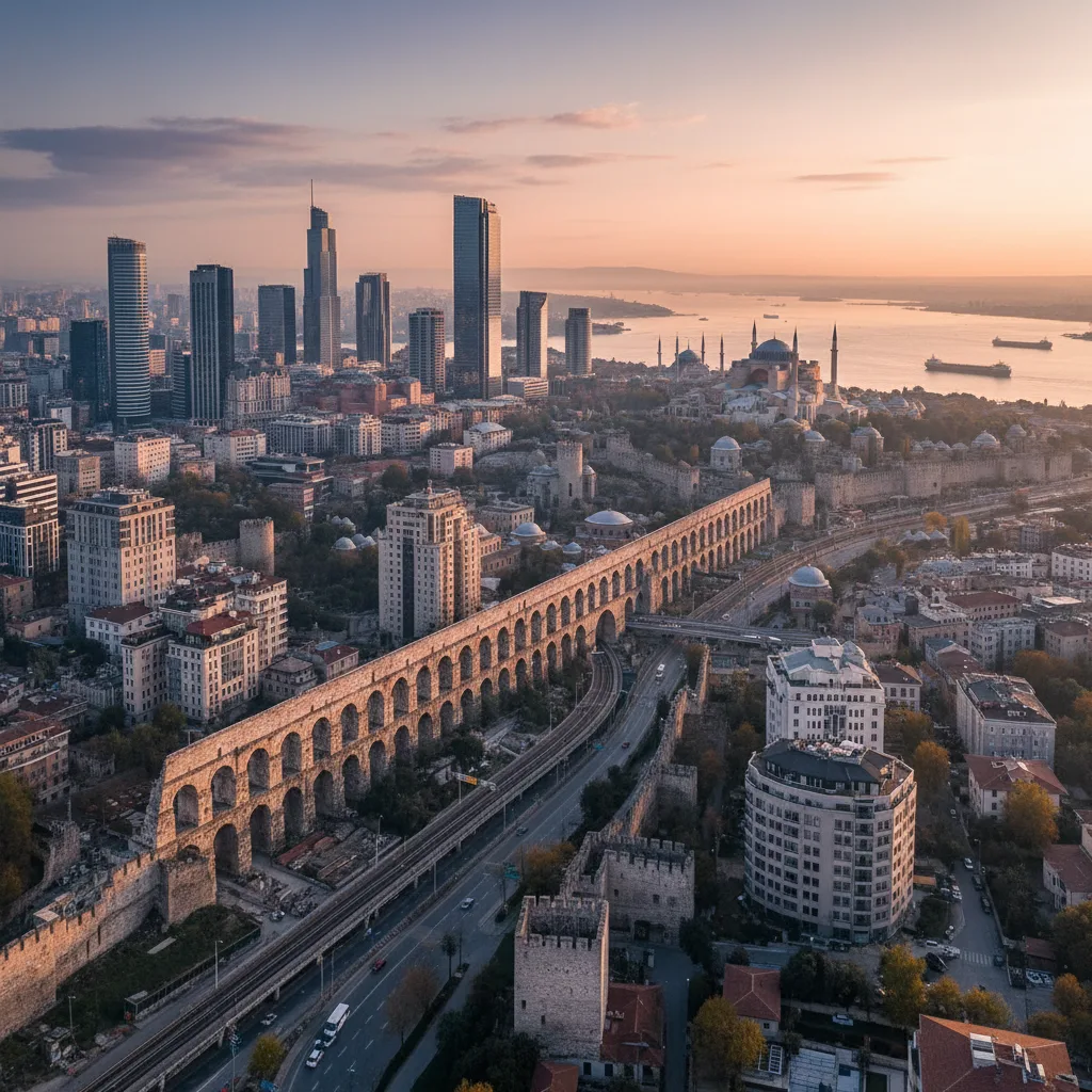 Modern Istanbul skyline with ancient Roman elements.