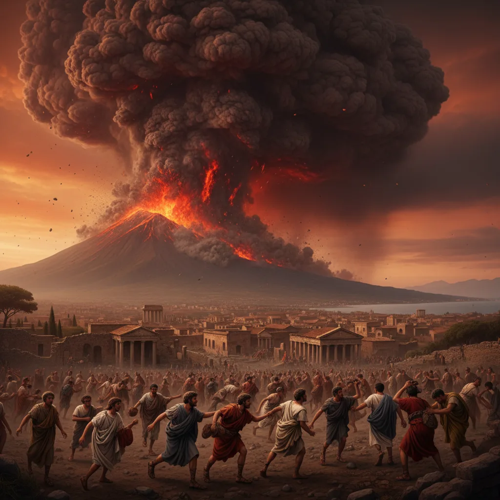 Mount Vesuvius erupting over ancient Roman city of Pompeii, 79 AD.
