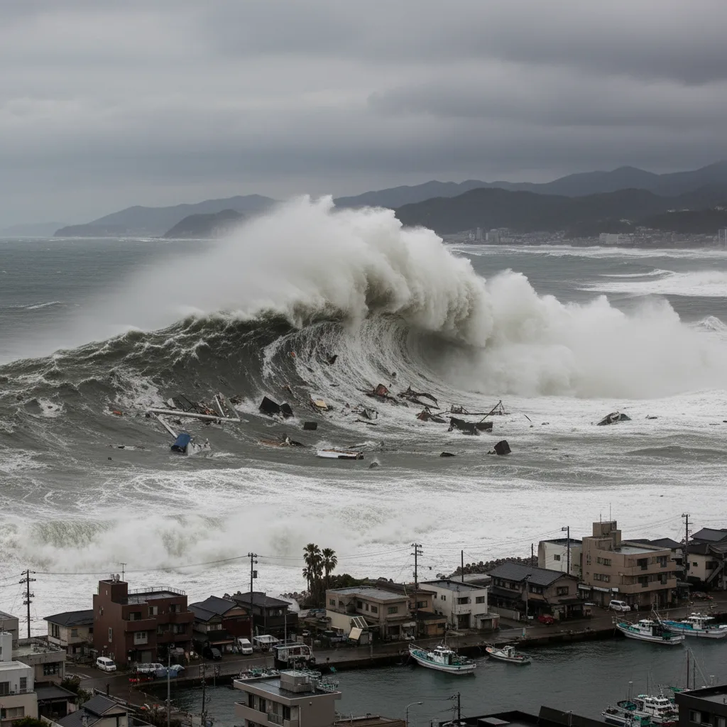 Massive tsunami wave engulfing coastal town during 2011 Tohoku earthquake.