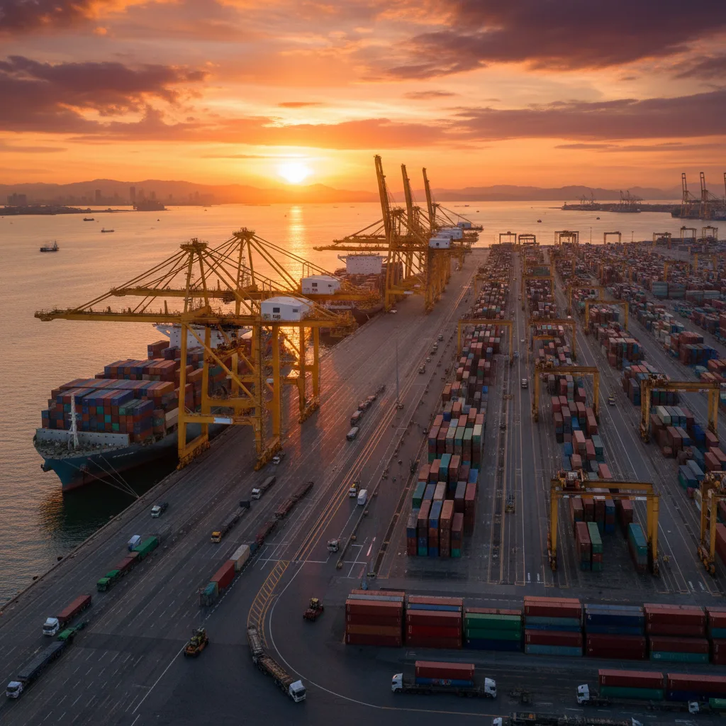 Busy port with container ships, cranes, and trucks.