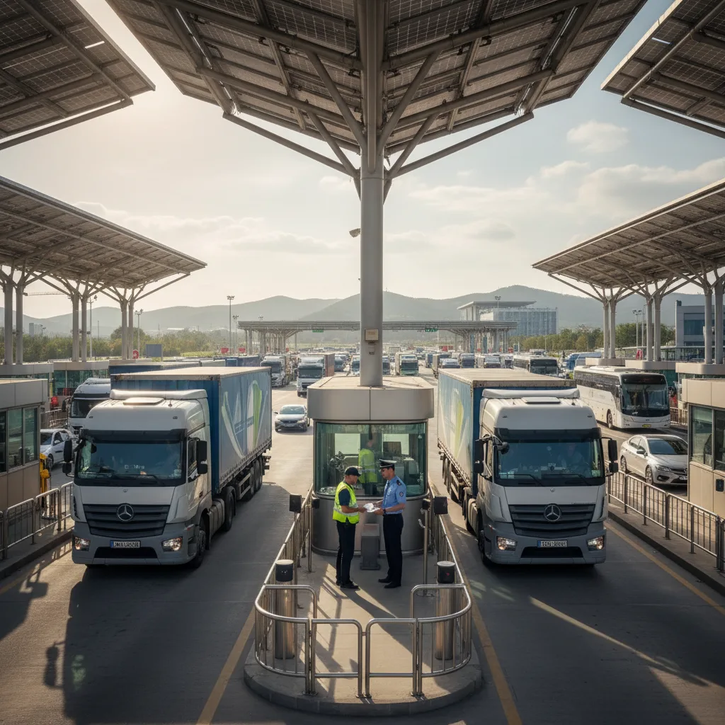Customs officer inspecting documents at a busy border crossing.