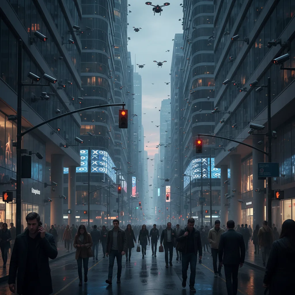 AI surveillance cameras monitoring citizens in a modern urban environment.