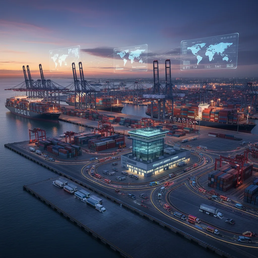 AI-optimized global supply chain with cargo ships and automated warehouses.