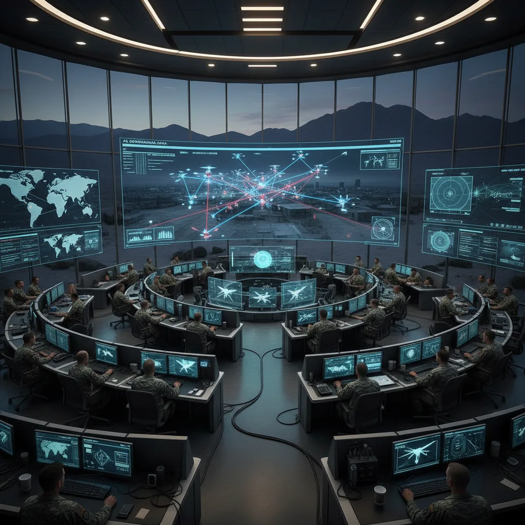 AI-powered military command center overseeing advanced defense systems.