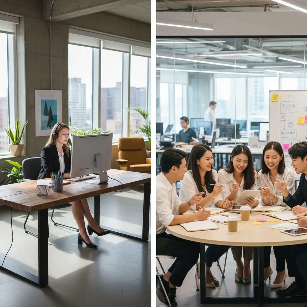 Contrasting scenes: European individual achievement vs. Asian group harmony.