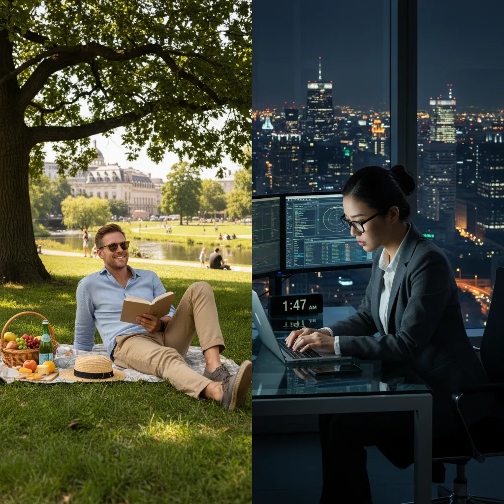 Contrasting work-life balance: European leisure vs. Asian dedication.