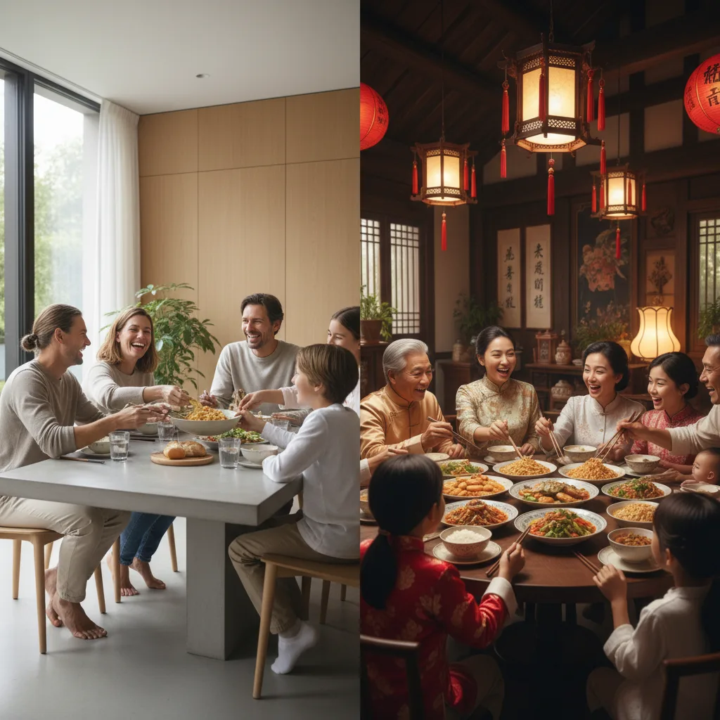 Contrasting families: European nuclear vs. Asian extended family.