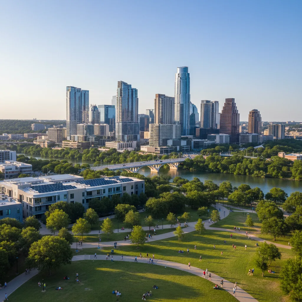 Austin skyline with green spaces, solar panels.