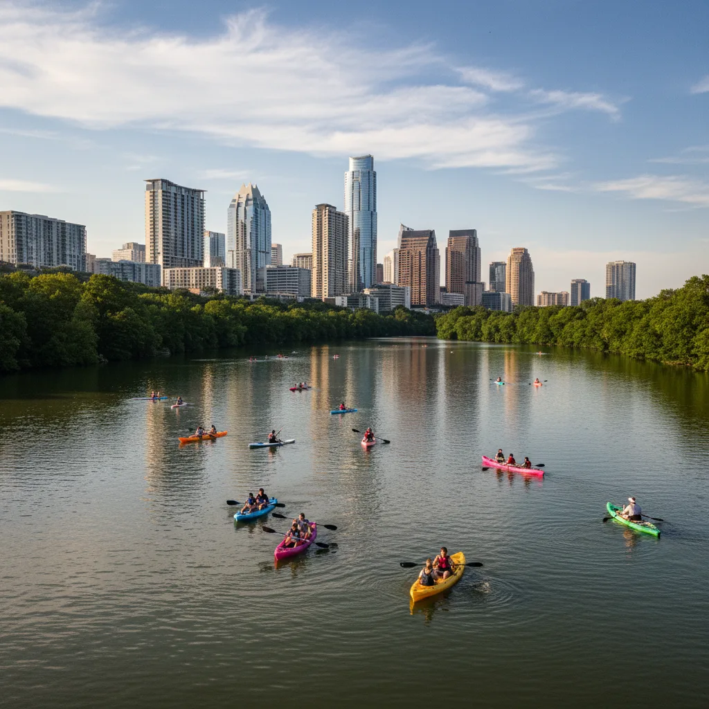 People kayaking on Lady Bird Lake, Austin skyline.